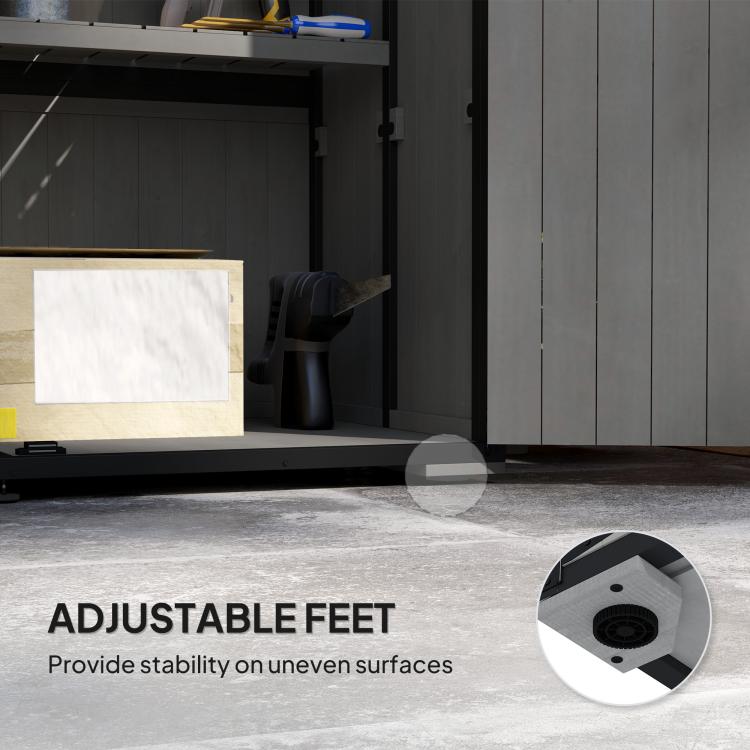 Gray storage shed base with adjustable feet for stability on uneven ground