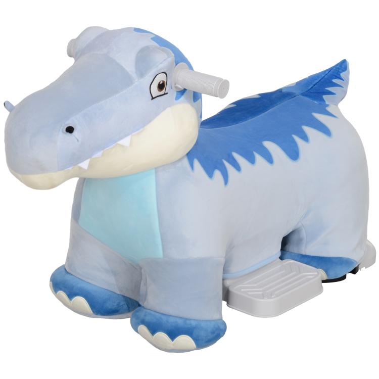 Kids electric ride-on dinosaur plush facing left, blue and light blue, raised gray music panel.