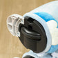 Blue plush electric ride-on dinosaur with front wheel and speaker pod