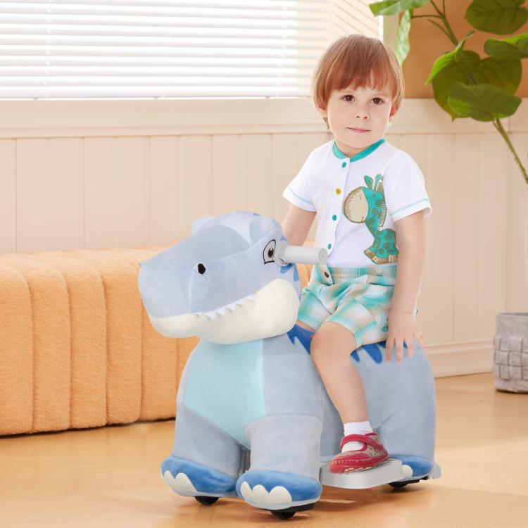 Kids electric ride-on dinosaur plush in blue and light blue, child standing next to it.