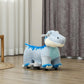 Kids electric ride-on dinosaur plush with open-jaw design, blue and light blue, on floor.