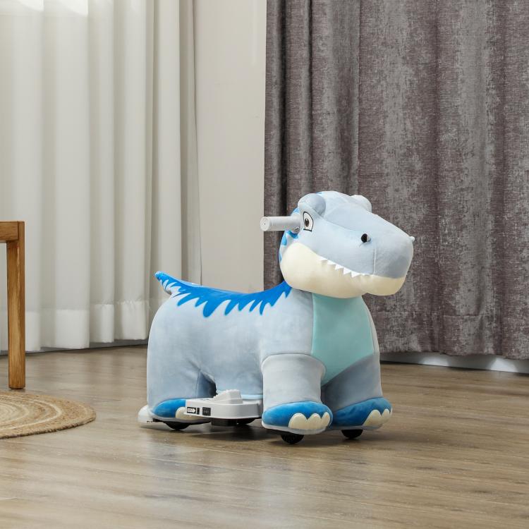 Kids electric ride-on dinosaur plush with open-jaw design, blue and light blue, on floor.
