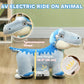 Kids electric ride-on dinosaur plush, blue and light blue, side view with seat height callout.