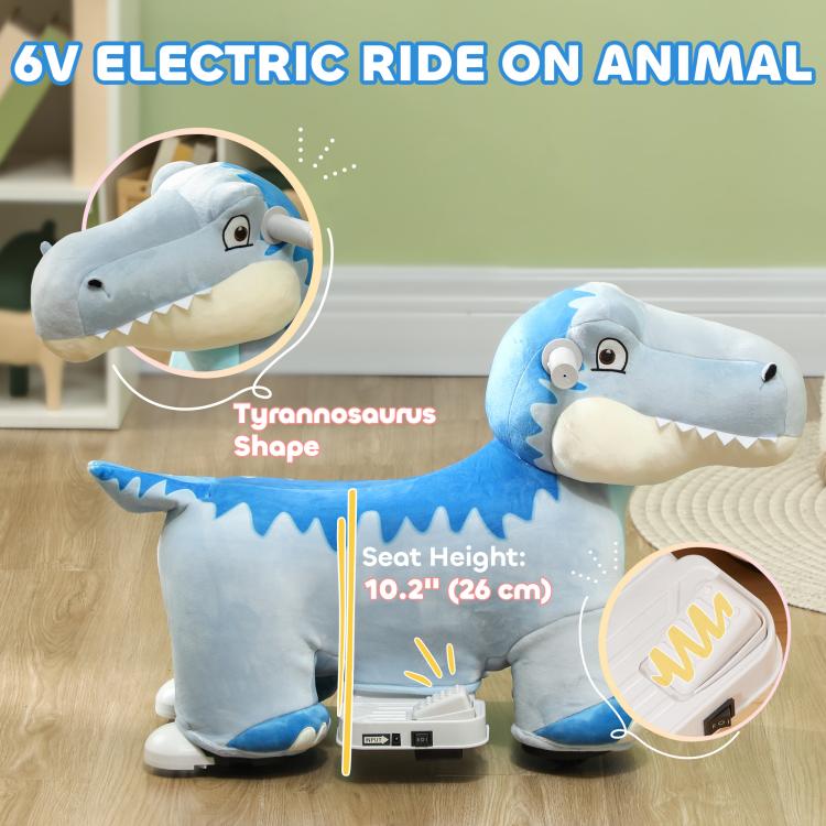 Kids electric ride-on dinosaur plush, blue and light blue, side view with seat height callout.
