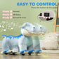 Kids electric ride-on dinosaur plush with pedal control, blue and light blue, music notes theme.