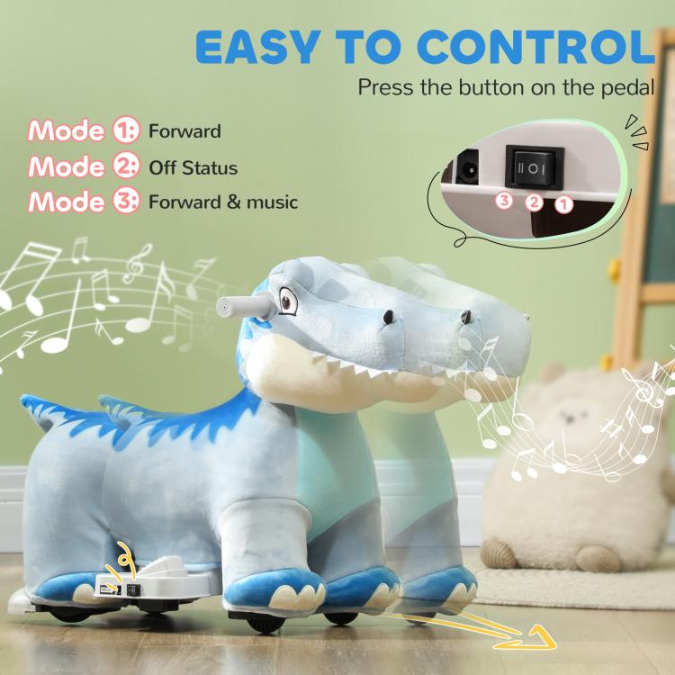 Kids electric ride-on dinosaur plush with pedal control, blue and light blue, music notes theme.