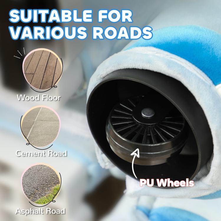 Kids electric ride-on dinosaur plush close-up of rear wheel area, blue and light blue.