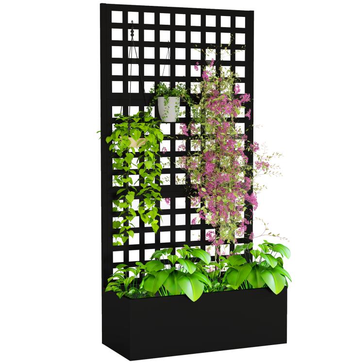 Black raised planter box with tall grid trellis and climbing flowers