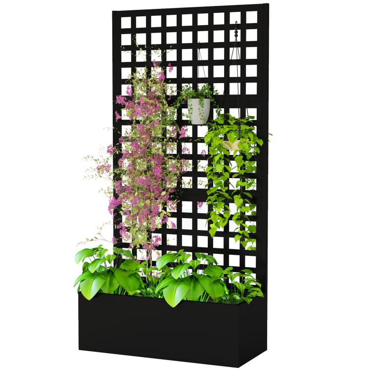 Black raised planter box with trellis panel and mixed blooming plants