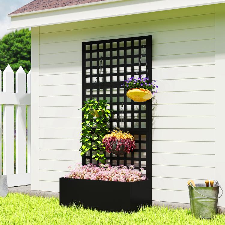 Black raised planter box with grid trellis and dense flowering plants