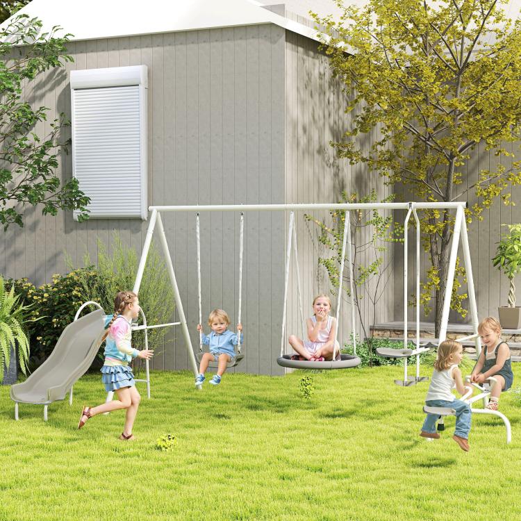 Kids swing set with gray saucer swing, swing seats, and slide attached to A-frame