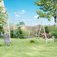 Outdoor kids swing set with gray swing seats and glider on A-frame stand