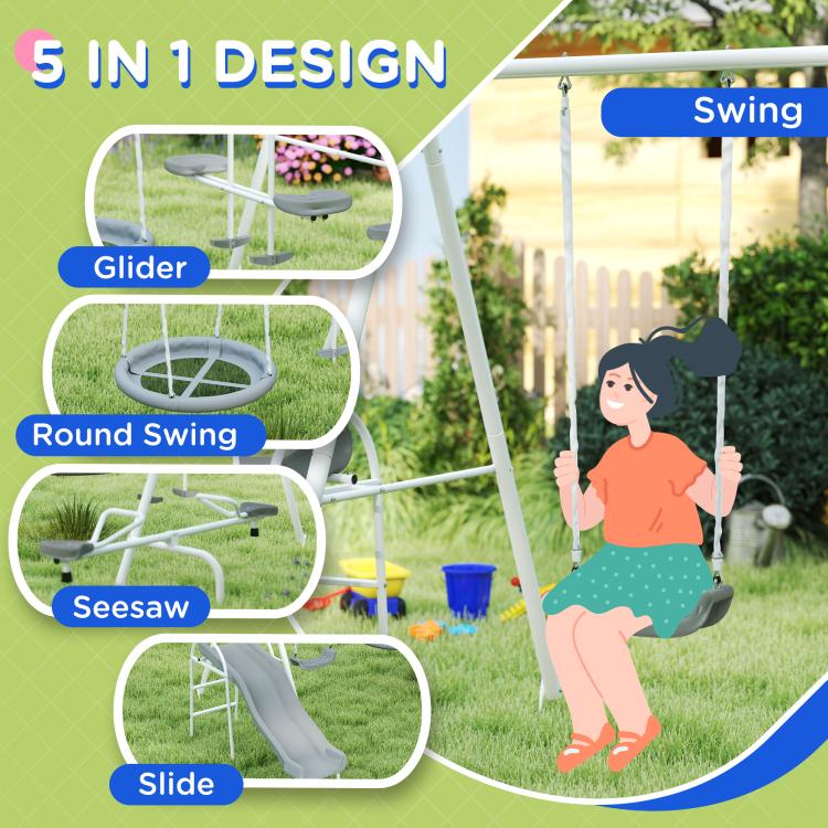 5-in-1 kids swing set infographic highlighting slide, glider, round swing, seesaw, swing