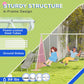 Sturdy A-frame kids swing set infographic with power-coated steel tubes and ground stakes