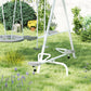 Kids glider seat and swing seats on white A-frame with gray cushions