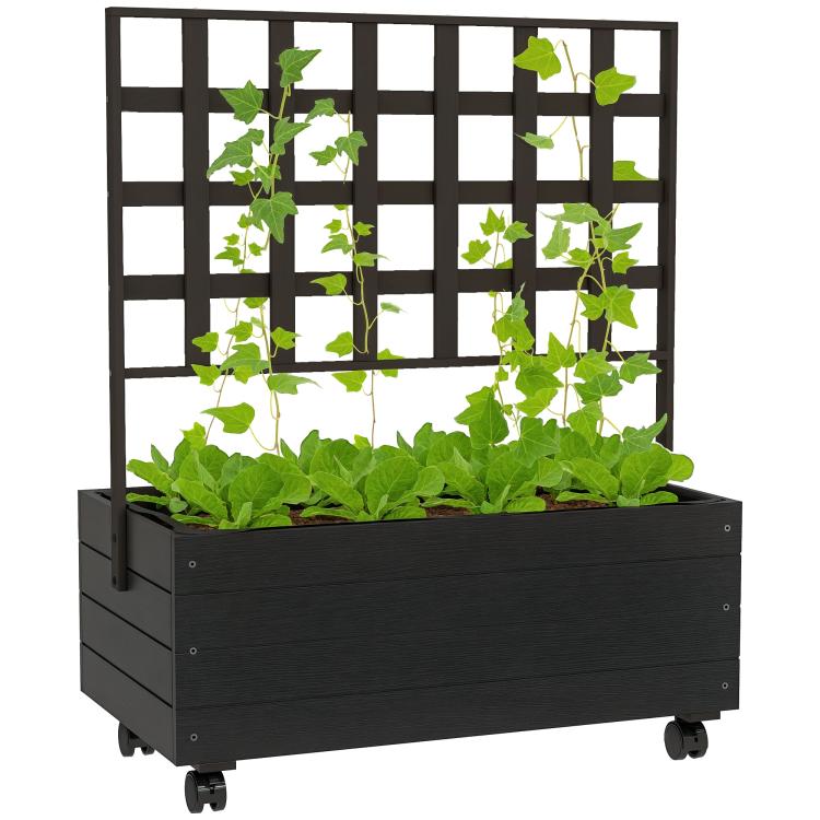 Raised garden bed planter with trellis and wheels, filled with leafy greens