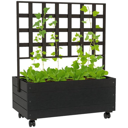 Raised garden bed planter with trellis and wheels, filled with leafy greens