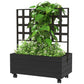 Raised garden bed planter with trellis and wheels, dense plants growing upward