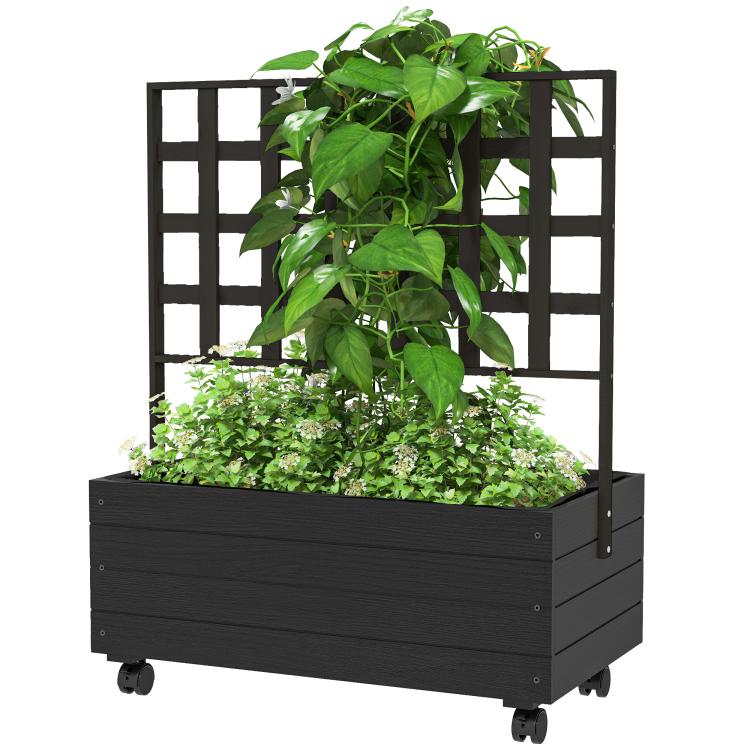 Raised garden bed planter with trellis and wheels, dense plants growing upward