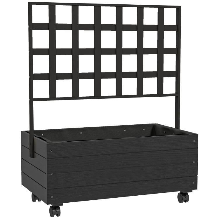 Raised garden bed planter with black trellis and dark wooden box on wheels