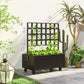 Raised garden bed planter with trellis and wheels on outdoor patio, leafy plants inside