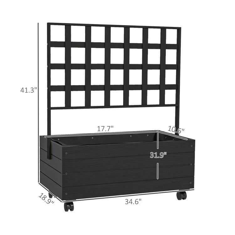Raised garden bed planter with trellis and wheels, product dimensions view