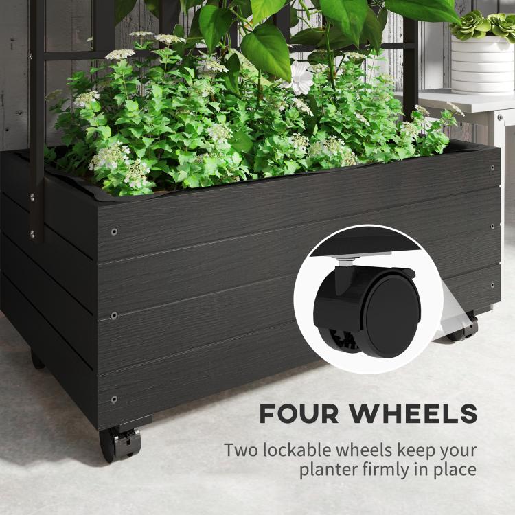 Raised garden bed planter with trellis and wheels, side view with lockable caster