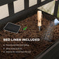 Raised garden bed planter with wheels, bed liner over soil with watering can