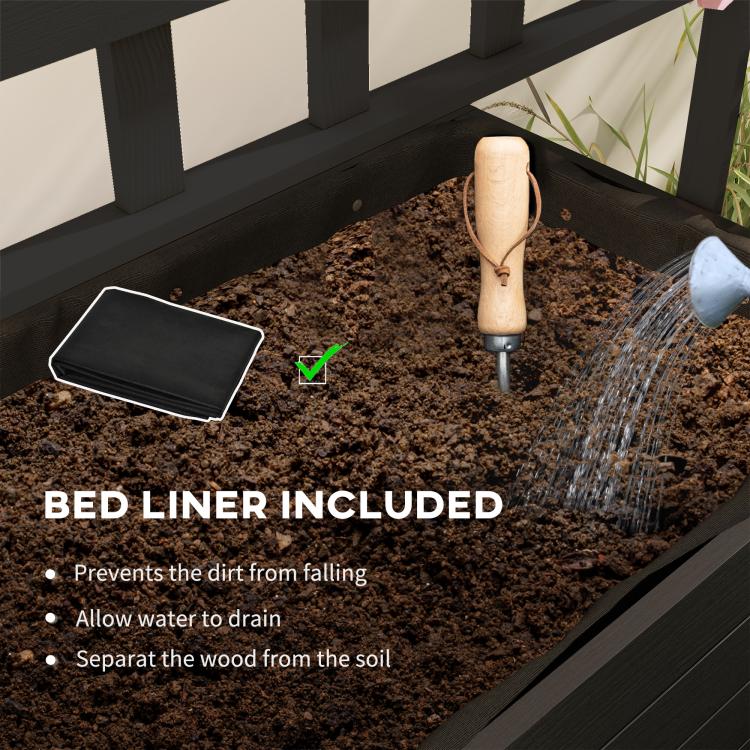 Raised garden bed planter with wheels, bed liner over soil with watering can