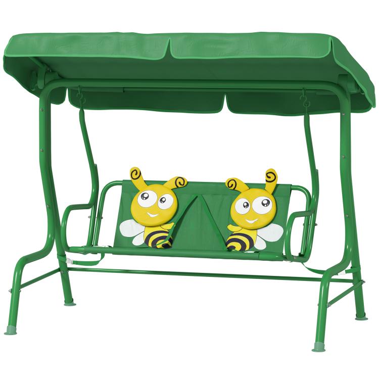Kids patio swing chair with adjustable canopy and two-seat cushion, dark green metal frame