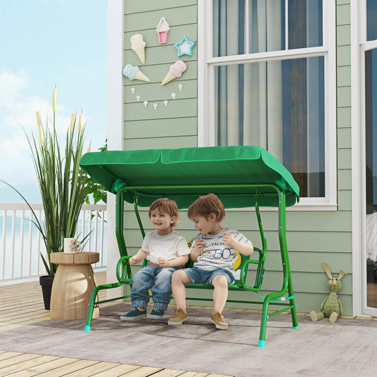 Dark green kids patio swing chair with adjustable canopy, two-seat cushion with safety belt area