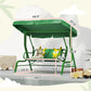 Kids patio swing chair in dark green with adjustable canopy, shown with dimension lines
