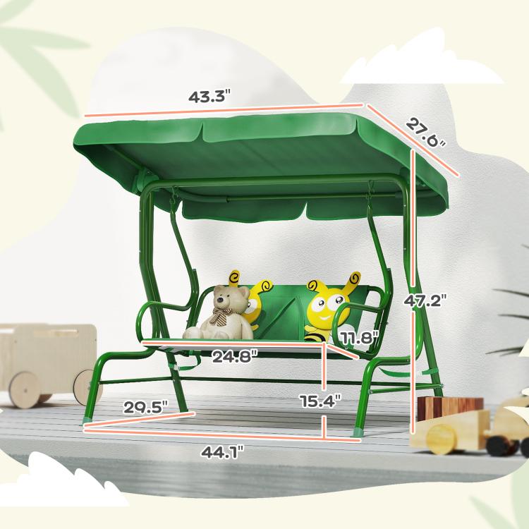 Kids patio swing chair in dark green with adjustable canopy, shown with dimension lines