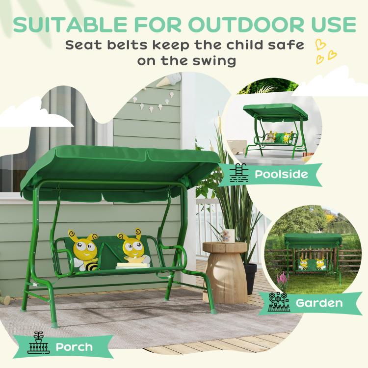 Kids patio swing chair with adjustable canopy and two-seat cushion for outdoor use