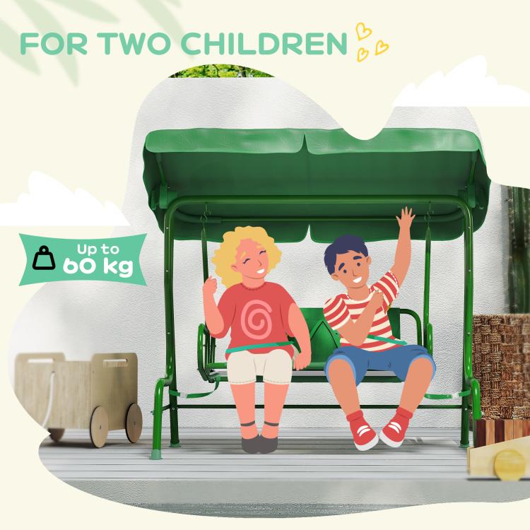 Dark green kids patio swing chair with adjustable canopy, designed for two children