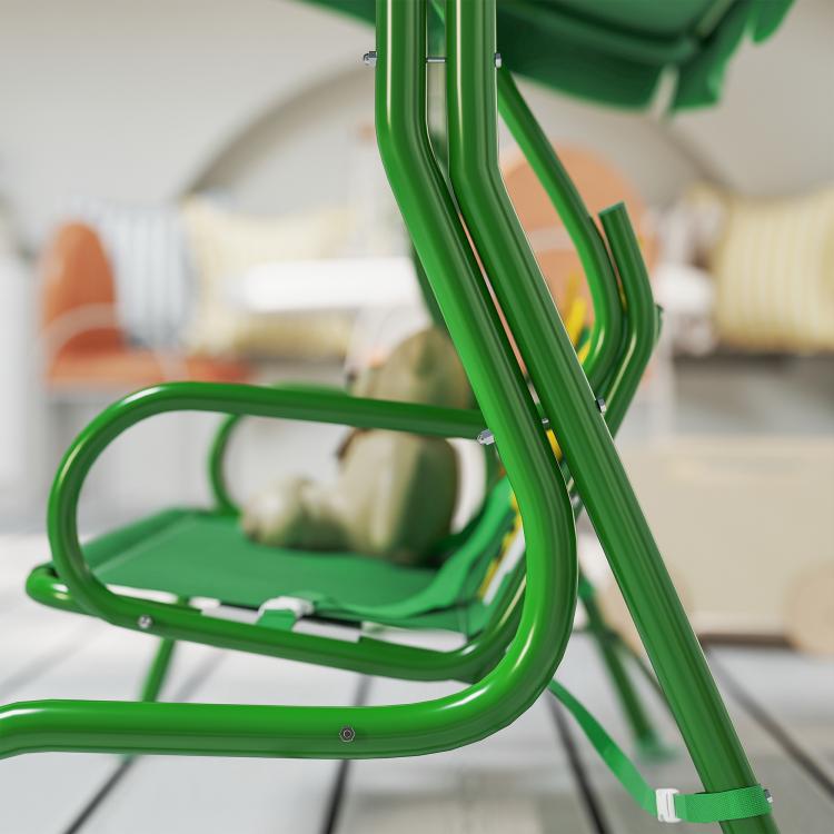Close-up of dark green tubular frame and arm support of kids patio swing chair