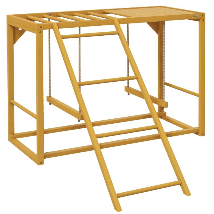 Natural wooden chicken coop play set with swing, ladder, and flat top frame
