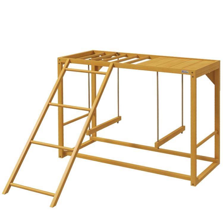 Natural wooden swing playhouse with mesh panels and side ladder