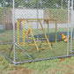 Wooden chicken coop play set with mesh enclosure and roost inside