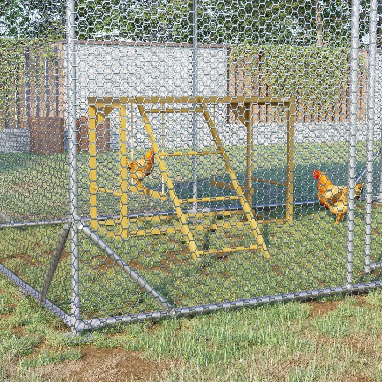Wooden chicken coop play set with mesh enclosure and roost inside