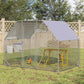 Wooden chicken activity pen with mesh sides and slanted roof