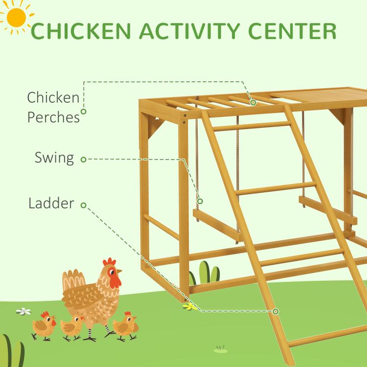 Wooden chicken activity center with perch area, swing, ladder, and base