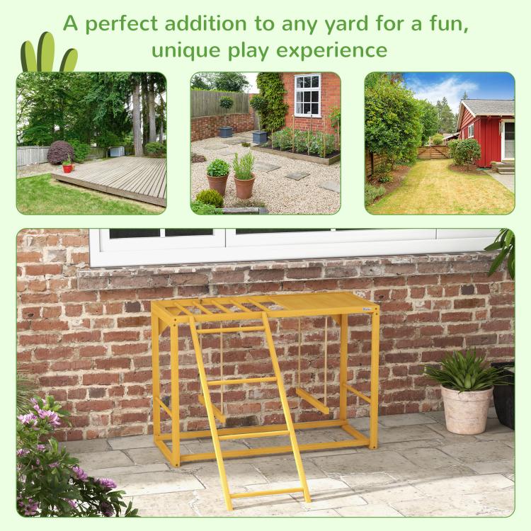 Wooden chicken activity center for outdoor yard play, shown with multiple setup views