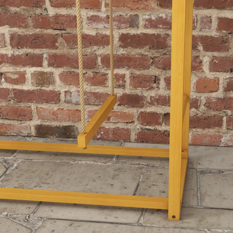 Wooden activity center base with thick legs and rope swing attachment