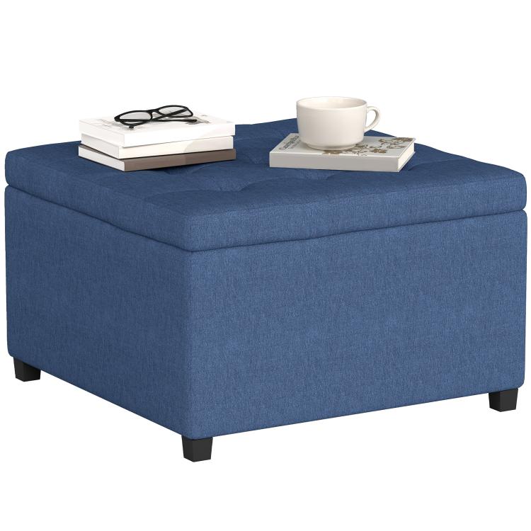 Blue upholstered storage ottoman bench with square top and flip-open lid