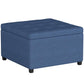 Blue upholstered storage ottoman bench with flip-top lid and short feet