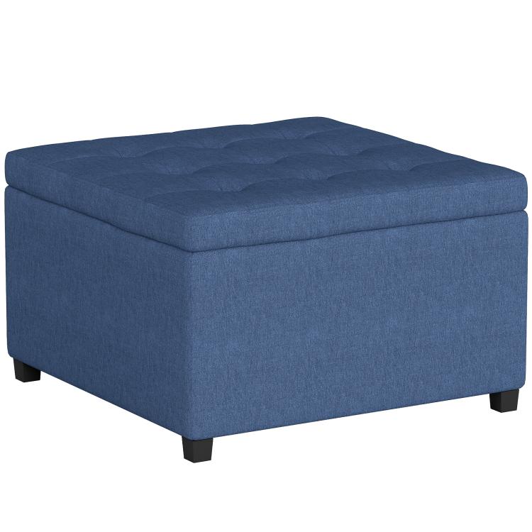 Blue upholstered storage ottoman bench with flip-top lid and short feet