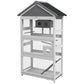 Gray wooden bird aviary with wire mesh doors and black roof