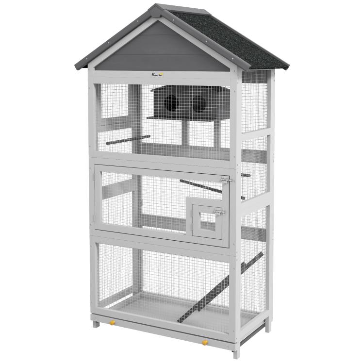 Gray wooden bird aviary with wire mesh doors and black roof