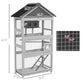 Gray wooden bird aviary with wire mesh panels and black roof, size diagram